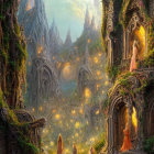 Enchanting forest scene with carved doorways, glowing lights, and rocky spires