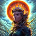 Mystical woman in dragon-themed armor with halo aura in swirling cloud background