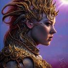 Fantasy portrait of a person with golden dragon headpiece and armor against twilight sky.