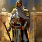 Knight in full plate armor with red cape and spear in front of castle.