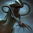Detailed illustration of ominous tentacled creature with large horns and exoskeleton in misty, dark