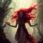 Woman with Red Hair in Ethereal Dress Surrounded by Misty Trees