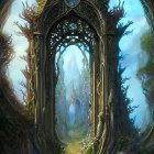 Stone archway in mystical forest overlooking ancient tree-covered city