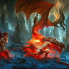 Fiery dragon battle in volcanic landscape