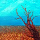 Colorful artwork: Red tree with intricate branches against turquoise sea, orange soil, and pale sky.