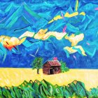 Vibrant impressionistic painting of rustic cabin in yellow field