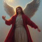 Angelic figure with white wings, red cloak, and cream garment gazes solemnly