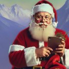 Traditional Santa Claus with Tablet and Holly in Snowy Mountain Setting