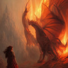 Person in red cloak faces massive red dragon in fiery landscape