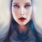 Digital portrait of a woman with blue eyes and floral embroidery in soft, dreamy lighting