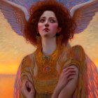 Digital artwork: Woman with angelic wings, red hair, gold jewelry, ornate gown in dawn