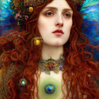 Fantasy portrait of a woman with glowing green eyes and ornate golden headpiece