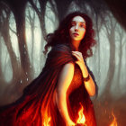 Red-haired woman in fiery dress in mystical forest.
