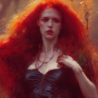 Vibrant red-haired woman in fantasy armor with mystical backdrop.