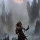 Woman in brown dress with scythe, dragons in misty background.