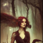 Vibrant red-haired woman in mystical forest with glowing ambiance