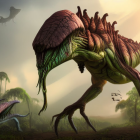Monstrous multi-legged creature with red domed head in misty digital art