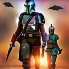 Armored figures resembling Mandalorian characters with sunset backdrop and flying ships