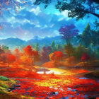 Colorful autumn forest reflecting in tranquil river under blue sky
