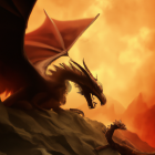 Majestic dragon with spread wings in fiery landscape