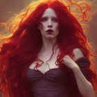 Fiery red-haired woman in dark corset against autumnal backdrop