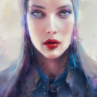 Portrait of person with blue dyed hair, violet eyes, and cyberpunk style featuring lip piercing and