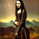 Cybernetic arms Mona Lisa with guns in misty landscape