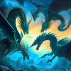 Four menacing dragons with expansive wings in a dramatic mountainous landscape