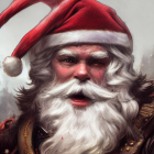 Gritty Santa Claus with battle-worn suit and helmet in foggy setting