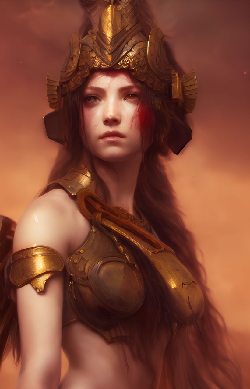 Fantasy warrior woman in golden armor with red streak under eye