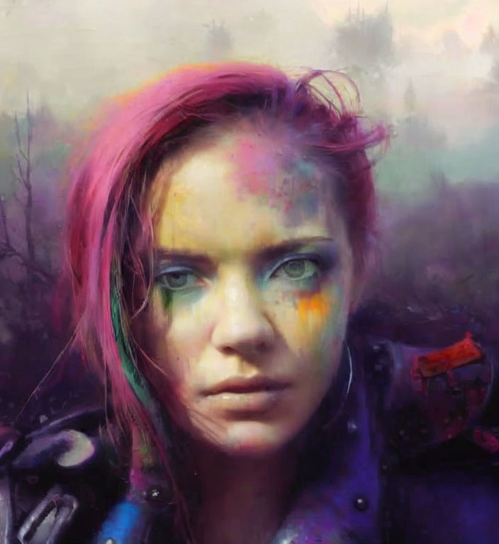 Portrait of Person with Green Eyes and Pink Hair in Colorful Ethereal Smudge Effect
