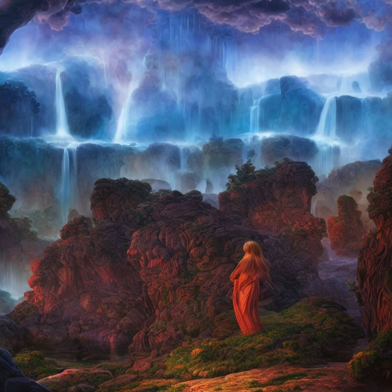 Person in orange robe at majestic waterfalls in ethereal blue light