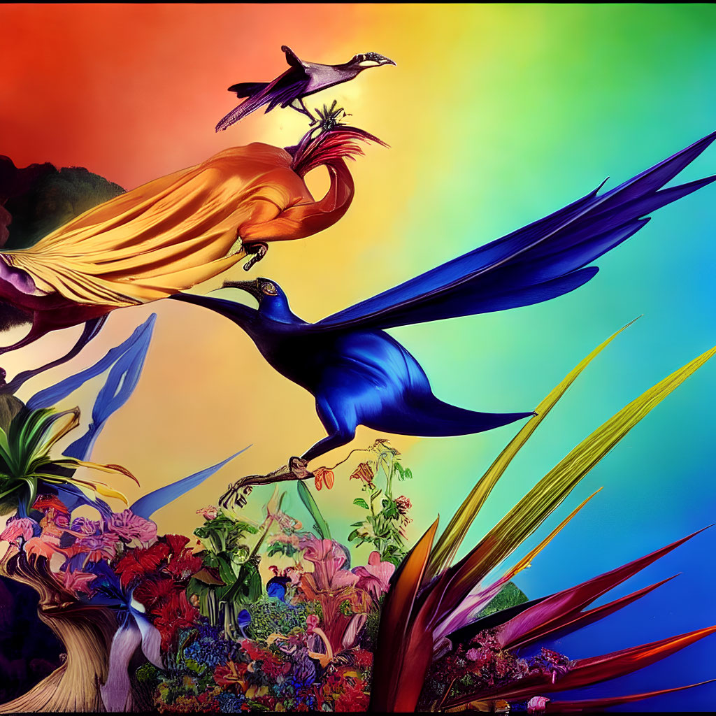 Majestic blue bird artwork with rainbow background