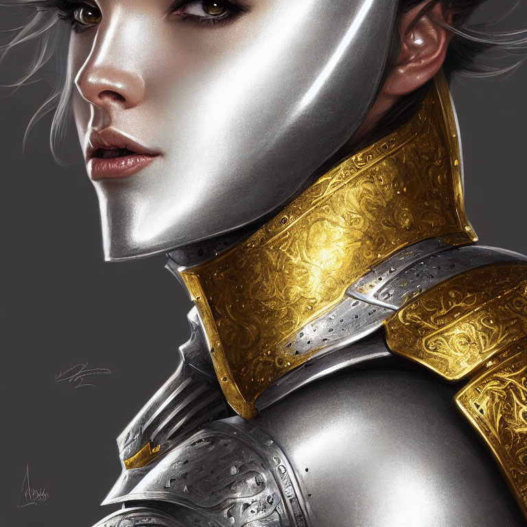 Person in Gold and Silver Armor with Metallic Skin Sheen