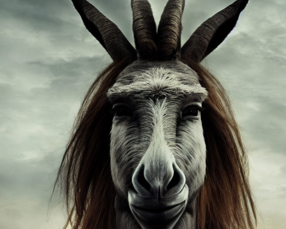 Animal with Human-Like Hairdo and Horns Staring Under Moody Sky