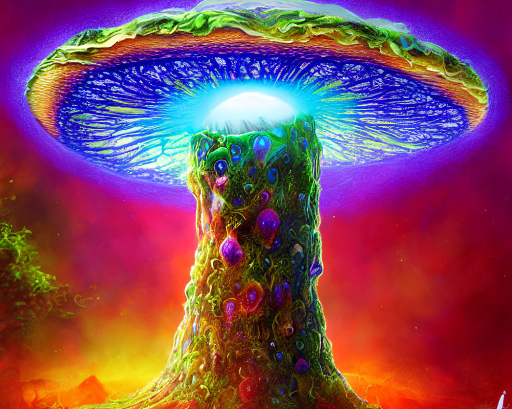Colorful digital artwork of luminescent alien mushroom structure on red background