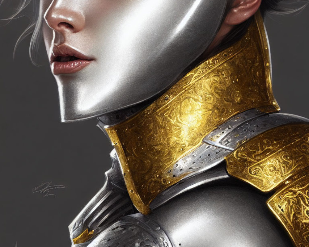 Person in Gold and Silver Armor with Metallic Skin Sheen