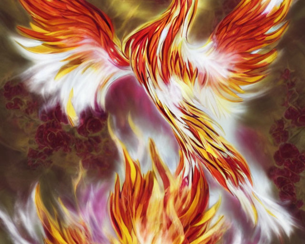 Colorful Phoenix Artwork with Red and Orange Plumage on Marbled Background