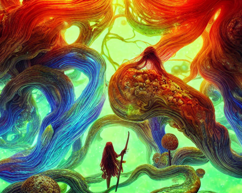 Vibrant abstract landscape with swirling patterns in orange, red, blue, and green