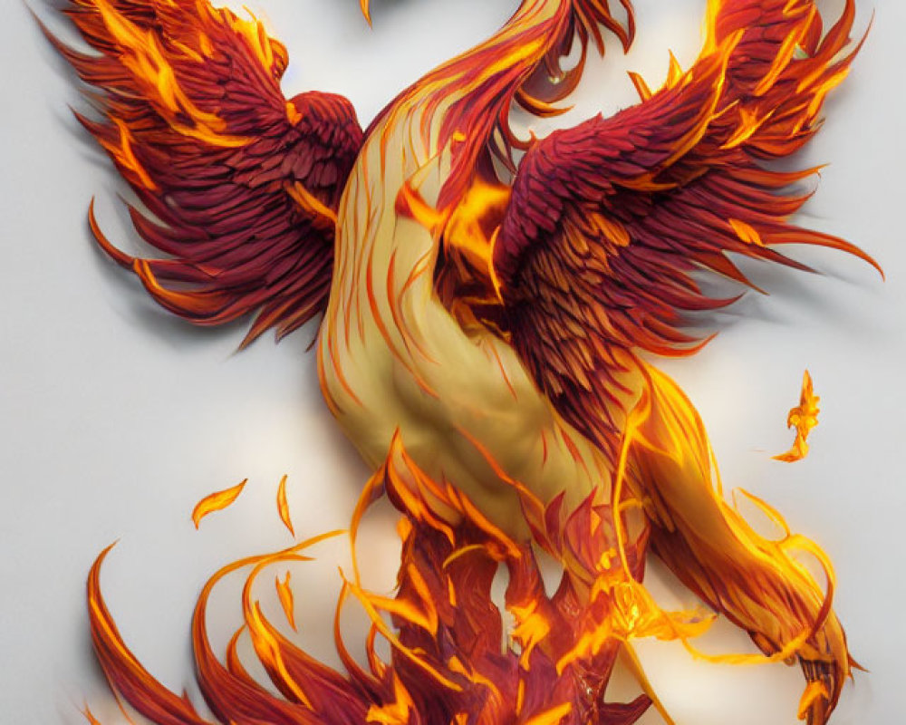 Fiery Phoenix Illustration with Blazing Wings and Tail Feathers