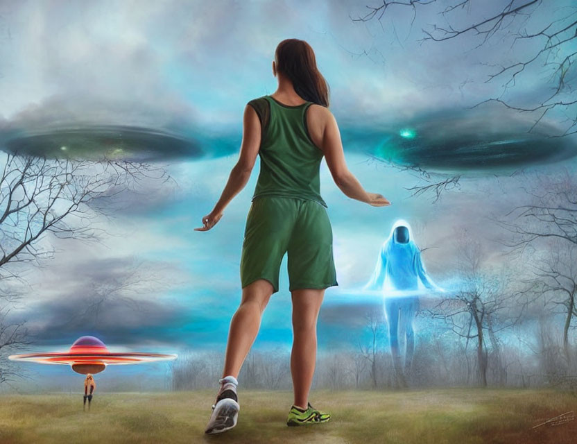 Green sports outfit person gazes at ghostly figure and UFO in misty surreal landscape