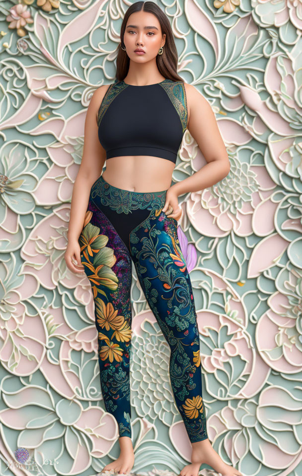 Woman in Black Crop Top and Floral Leggings Against 3D Floral Backdrop