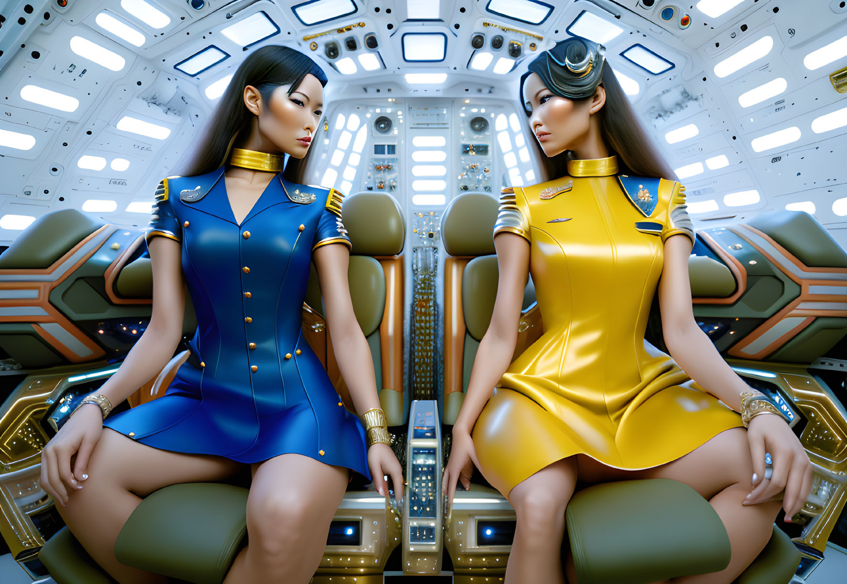 Futuristic women in spacecraft with high-tech dashboard