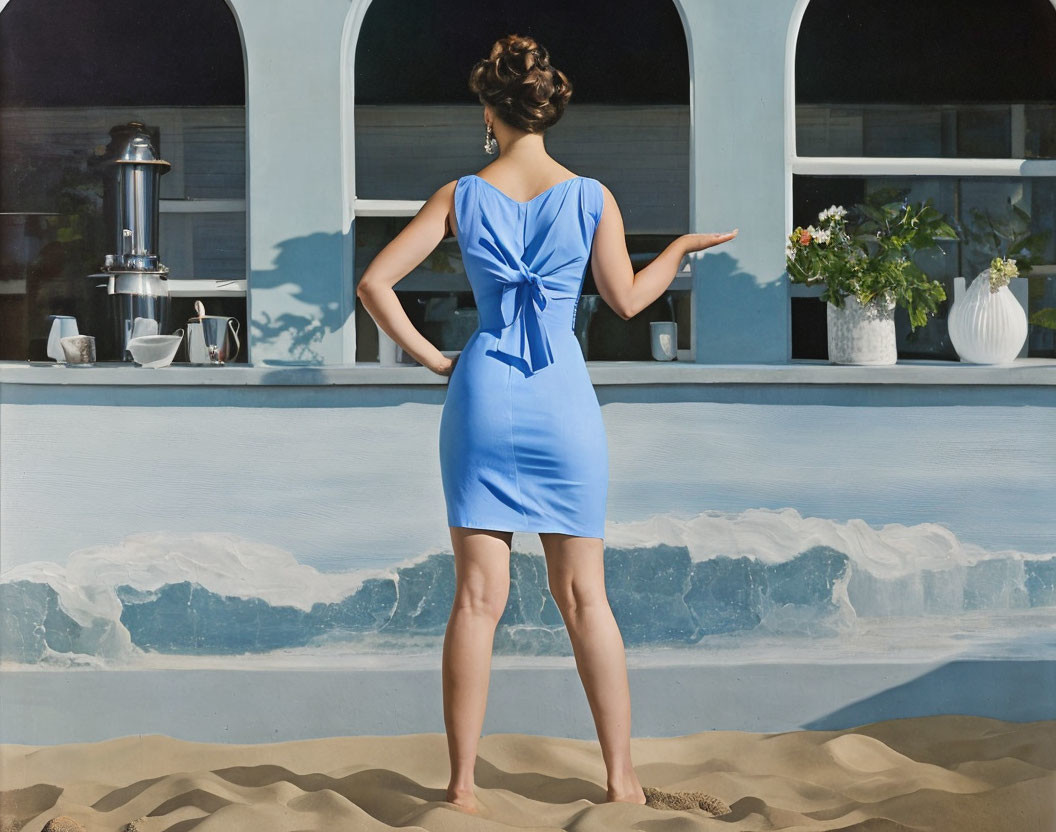 Woman in blue dress at beach cafe counter with coffee items and flowers