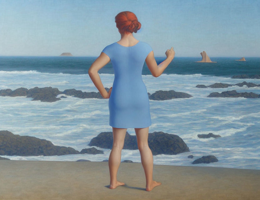 Woman in Blue Dress Stands on Shore Facing Sea