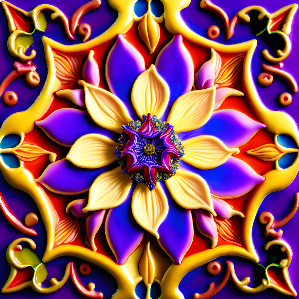 Colorful Symmetrical Digital Mandala with Floral Motifs in Purple, Blue, Yellow, and Orange