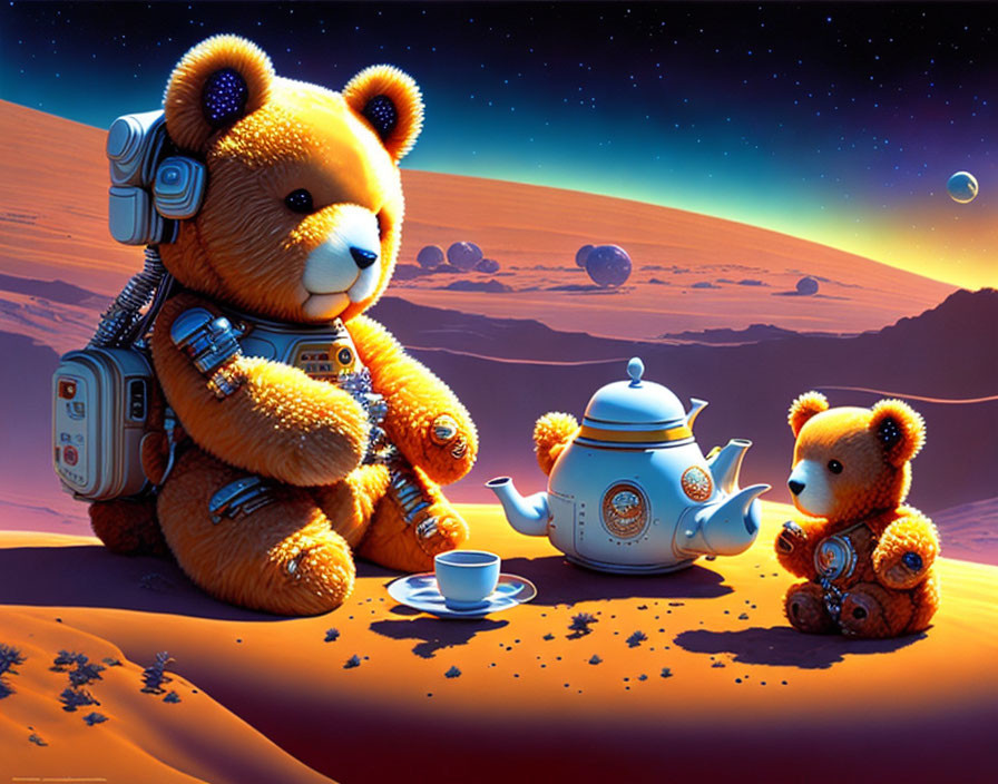 Adorable Teddy Bear Astronauts on Mars-Like Landscape