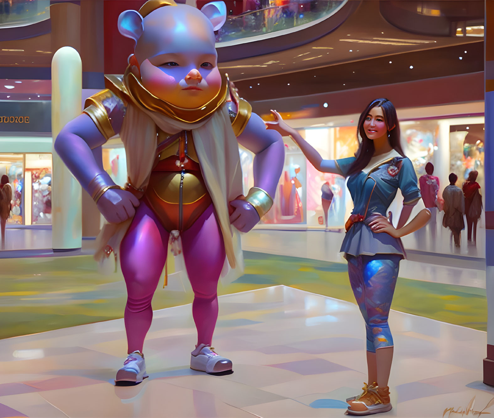 Woman posing with futuristic cat character in vibrant mall