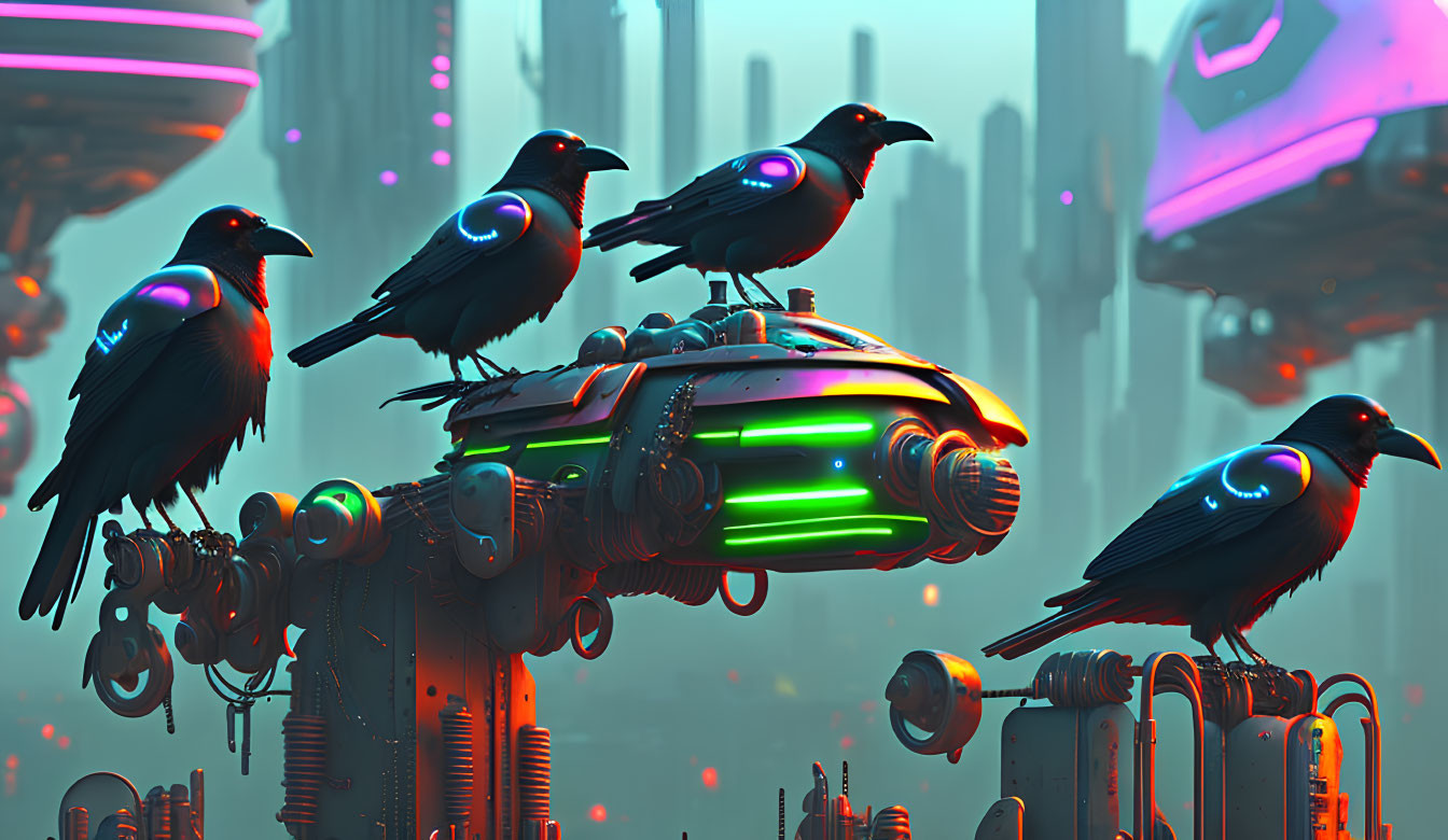 Iridescent crows on futuristic device in neon-lit sci-fi cityscape