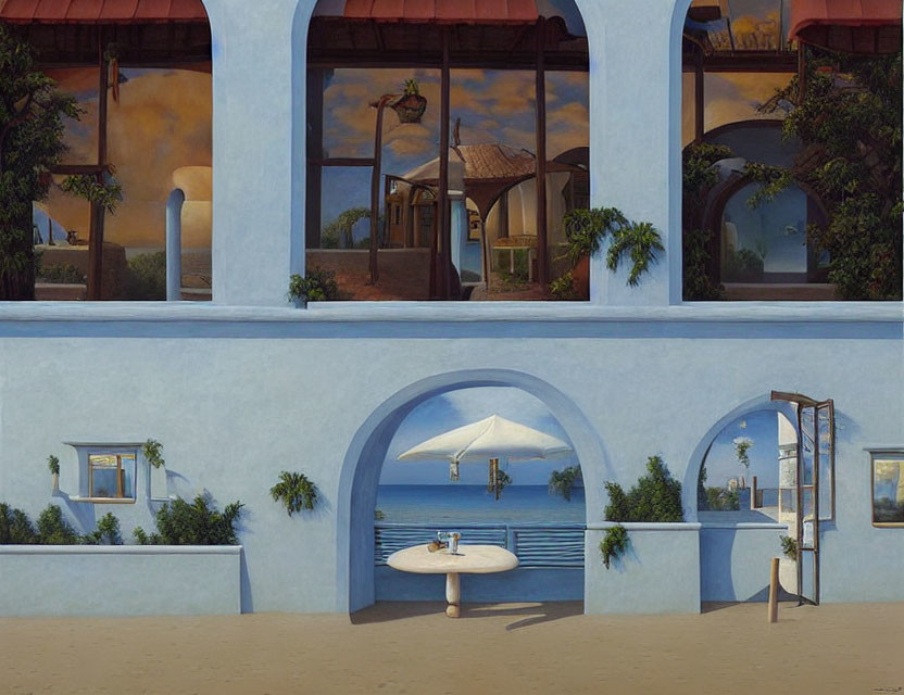 Surreal painting featuring arched windows and beach reflection